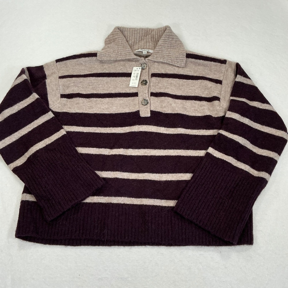 Madewell Striped Polo Sweater Wool Alpaca Blend Plum Beige NY436 Size L